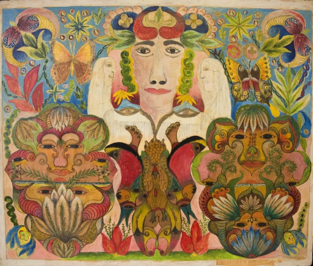 Minnie Evans, Untitled (Face Flanked by Angels and Mandalas Collage), 1946–1968