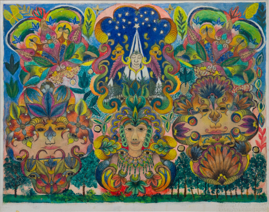 Minnie Evans, Untitled (Three Large Figures, Night Sky, and Stars Collage), 1967