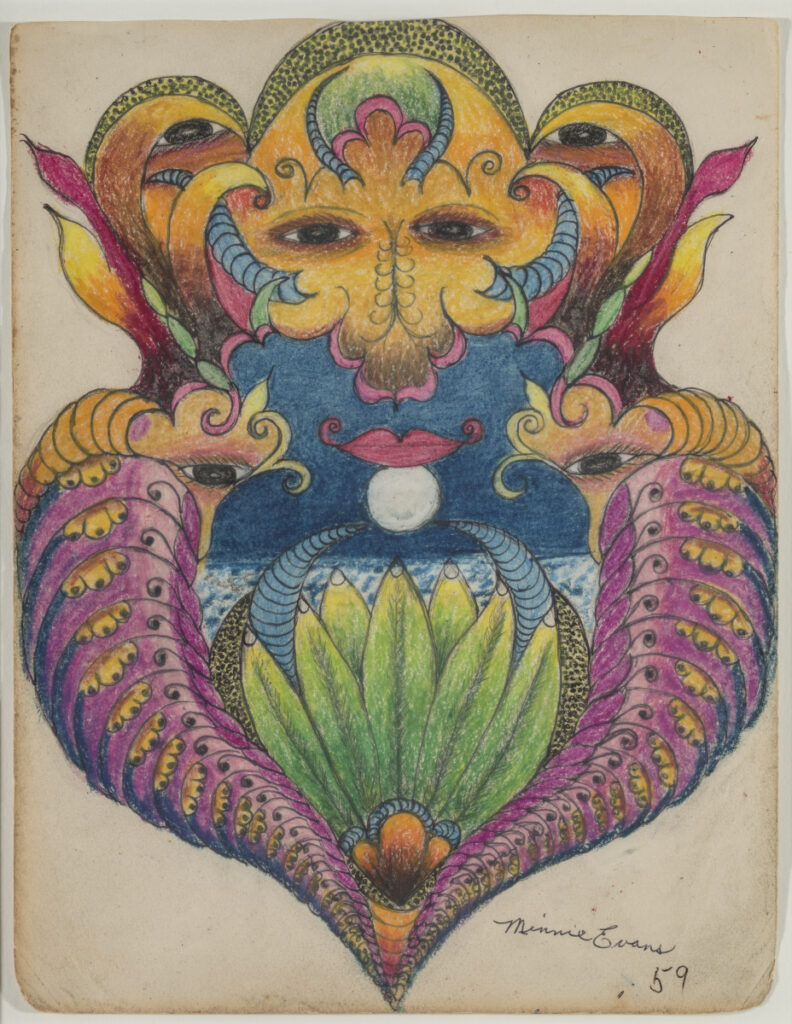 Minnie Evans, Untitled (Red Lips on Moon), 1959