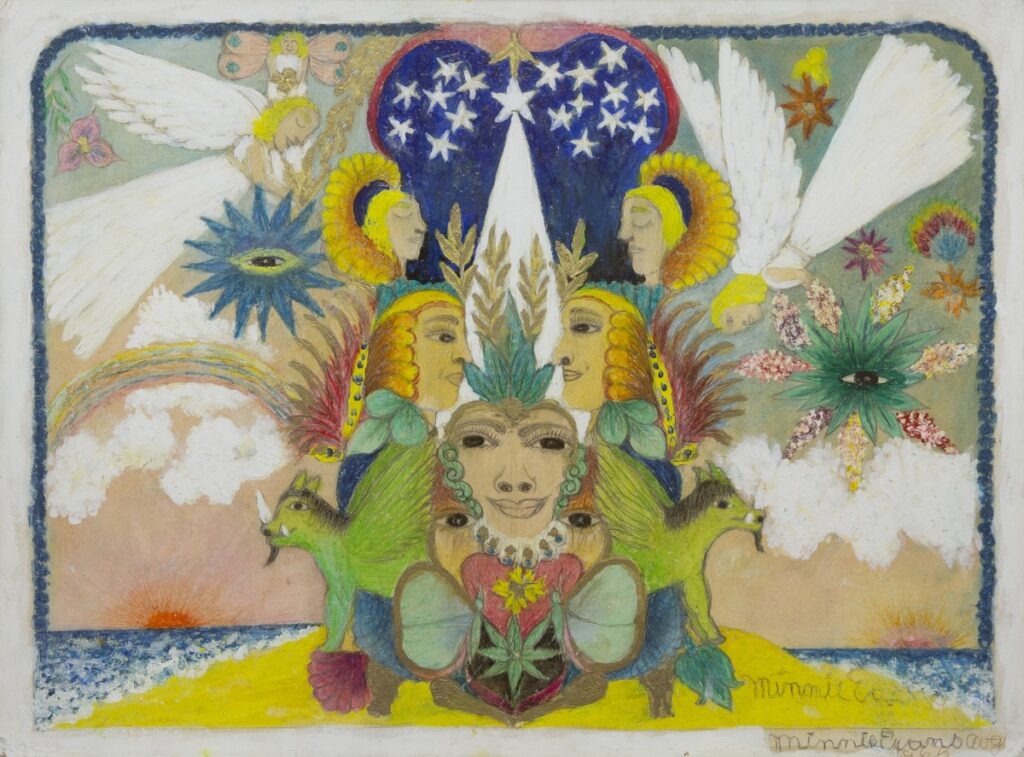 Minnie Evans, Untitled (Day to Night with Beasts and Angels), 1966