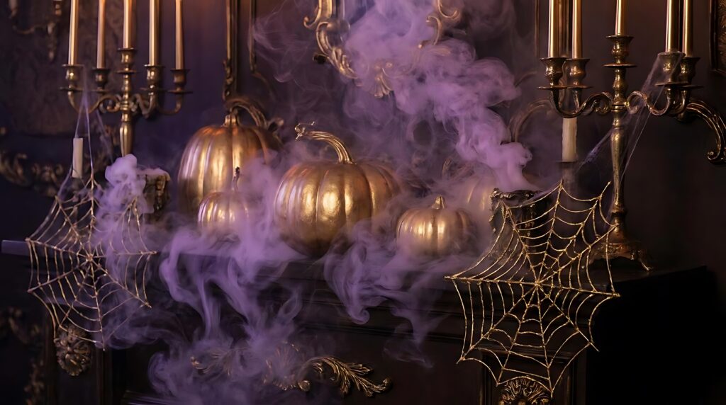 Golden Pumpkins With Spiderwebs And Smoke For Halloween Celebration